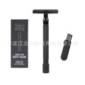 Traditional manual shaving set with safety razor, natural bristle brush and metal scraper tool