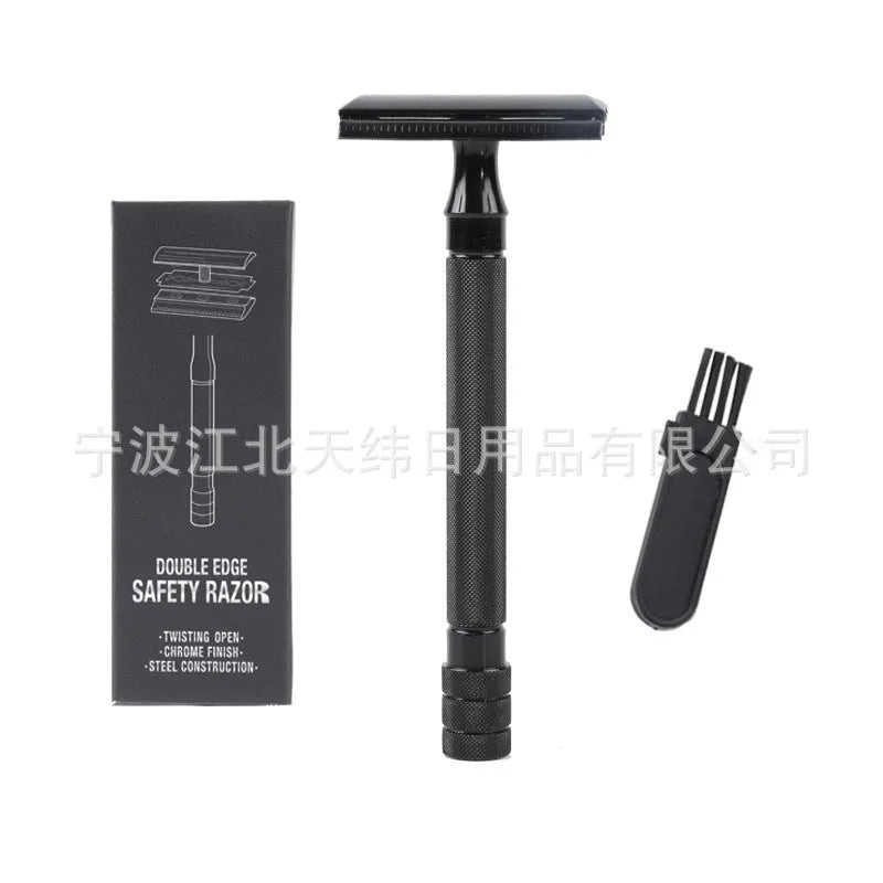 Traditional manual shaving set with safety razor, natural bristle brush and metal scraper tool