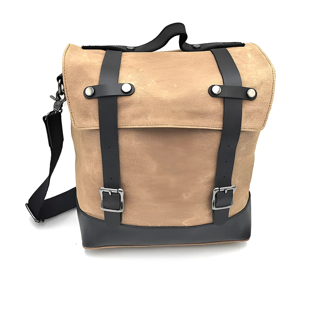 Large black waterproof canvas motorcycle side bag with cowhide top layer mounted on motorcycle
