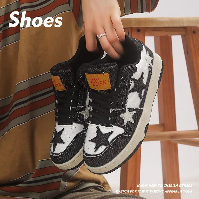Unisex denim skateboard shoes with flat heel and round toe in black, green, or pink.