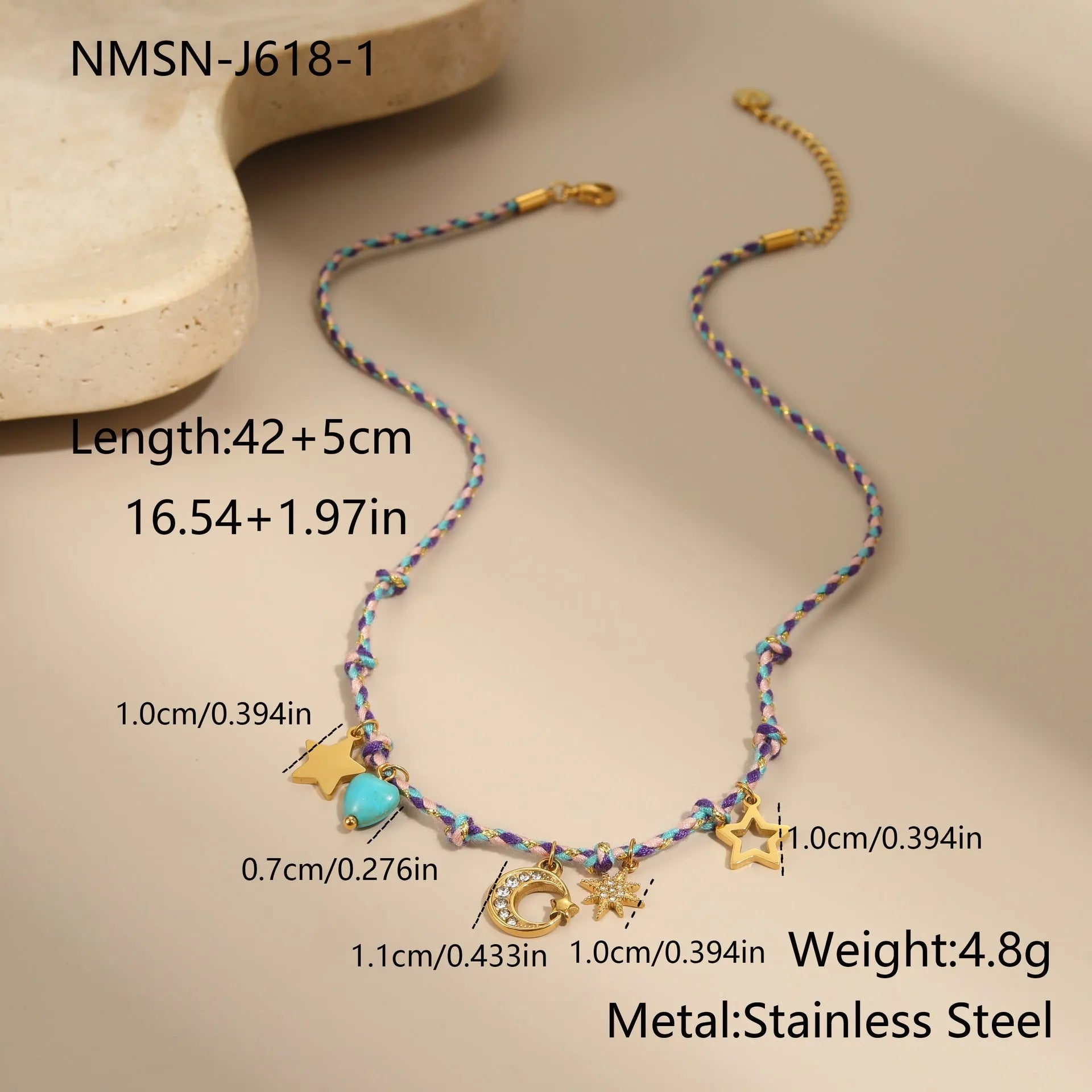 Handmade braided rope titanium steel necklace and bracelet set with 18K gold electroplated heart, star, and geometric pendants.