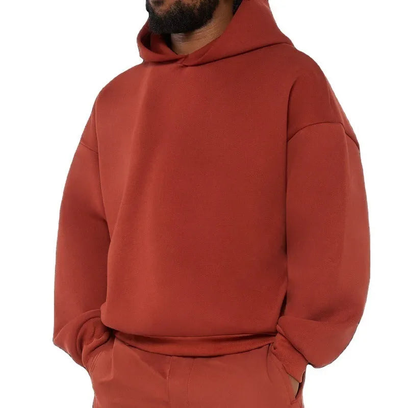Men's solid colour fleece-lined hoodie sweater with wool lining, shown in black, blue, gray, and red.