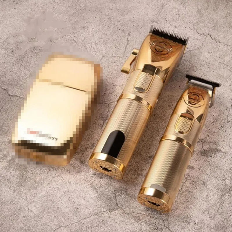 Gold-coloured cordless hair clipper with 25W power output for barbershop use