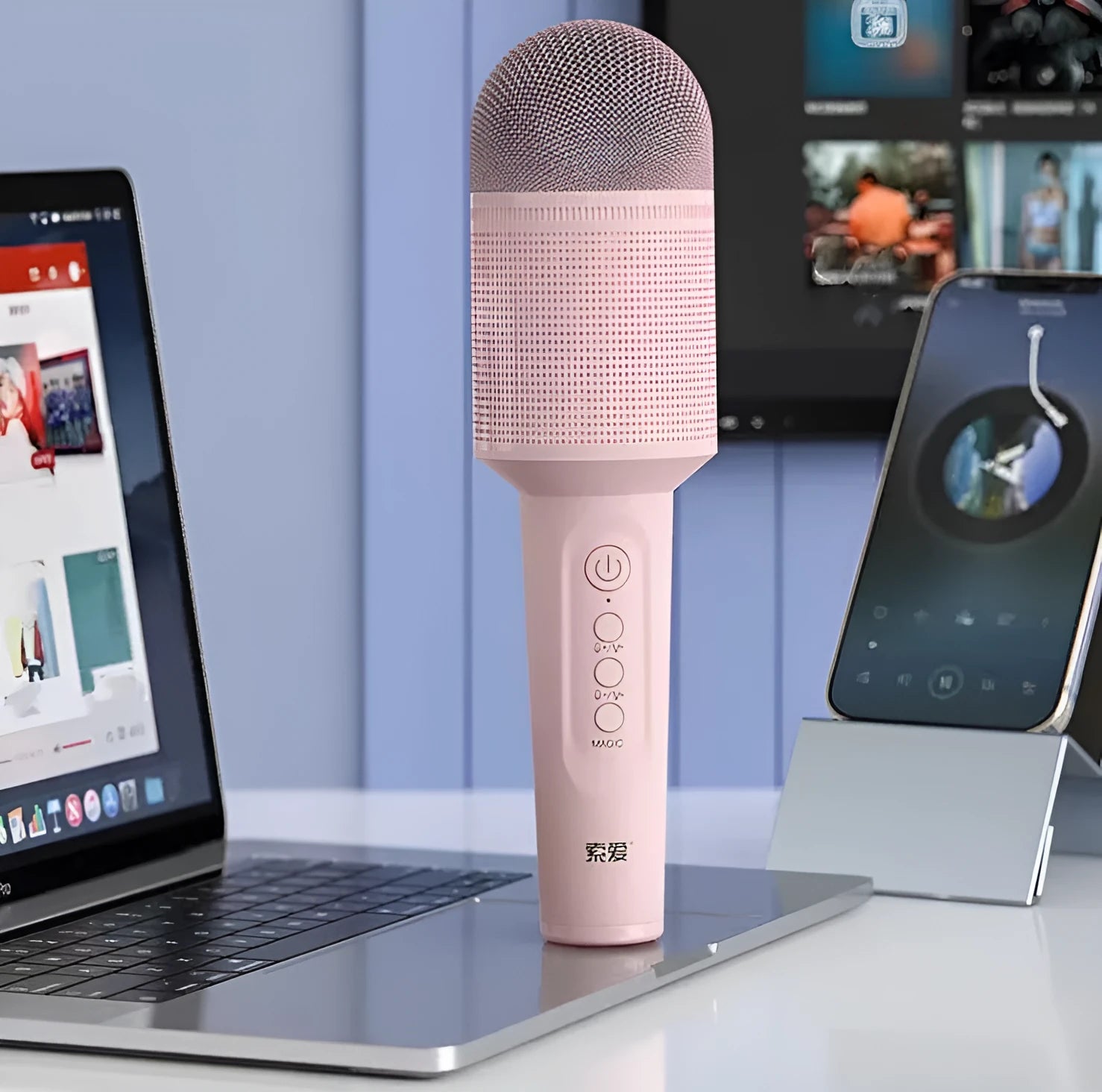 Wireless Bluetooth karaoke microphone in girly pink, sapphire blue, and mint green colour options