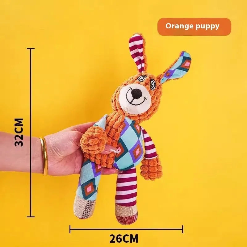 Assortment of soft plush pet toys including a rechargeable duck, a donkey, and companion animals for puppy teething.