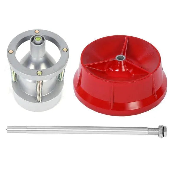Portable aluminium head hub balancer for car and truck tyres with bull's eye level on a black enamel base.