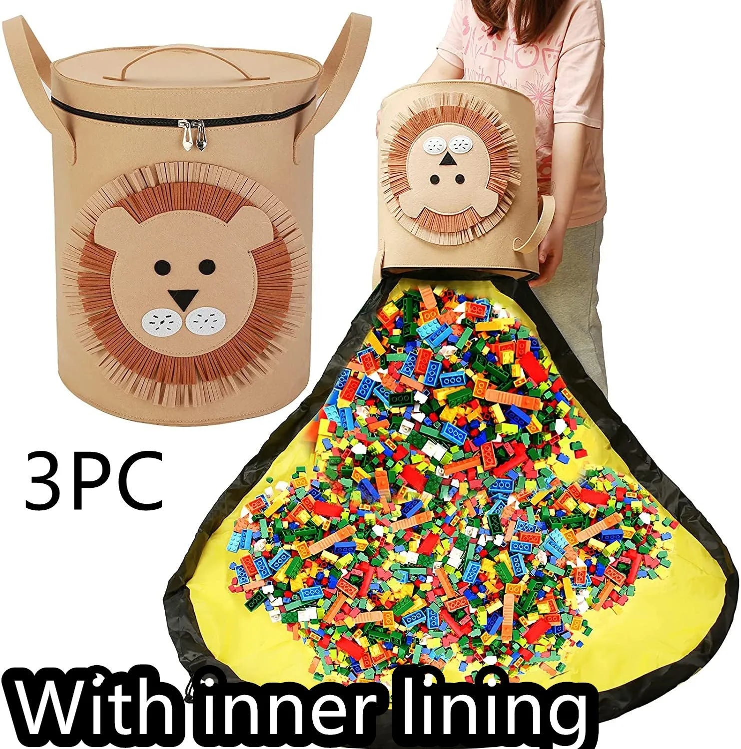 Green felt storage bag converted into a toy play mat with pull rope closure