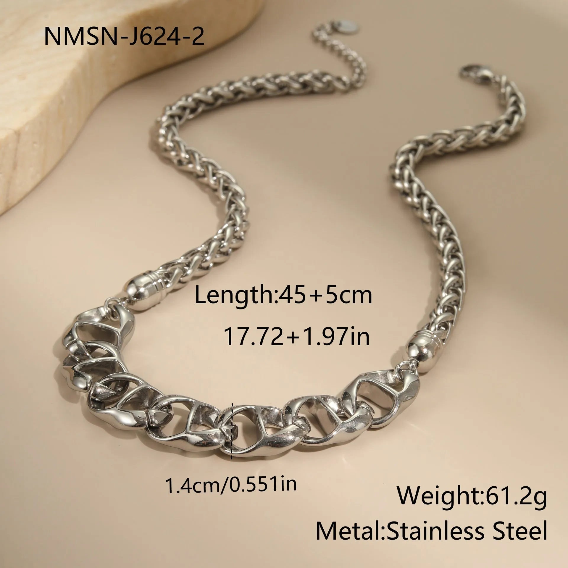 Stainless steel geometric pendant necklace with gold electroplating and chain design details