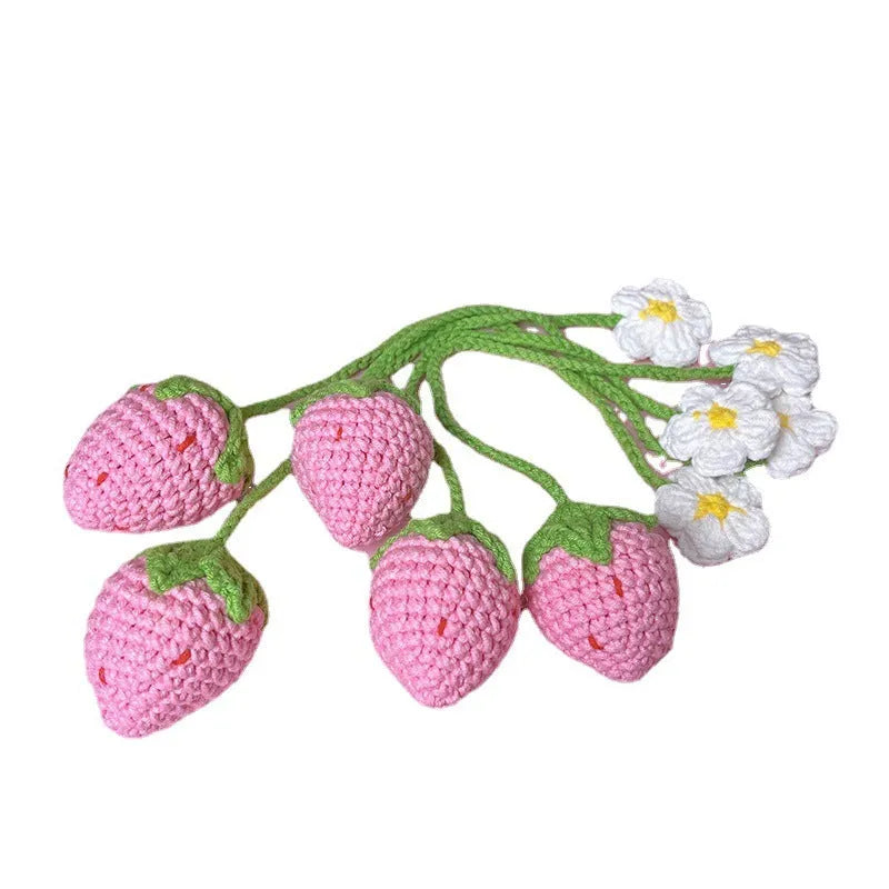Handmade wool crochet strawberry pendant necklace with woven detail on 35cm cord