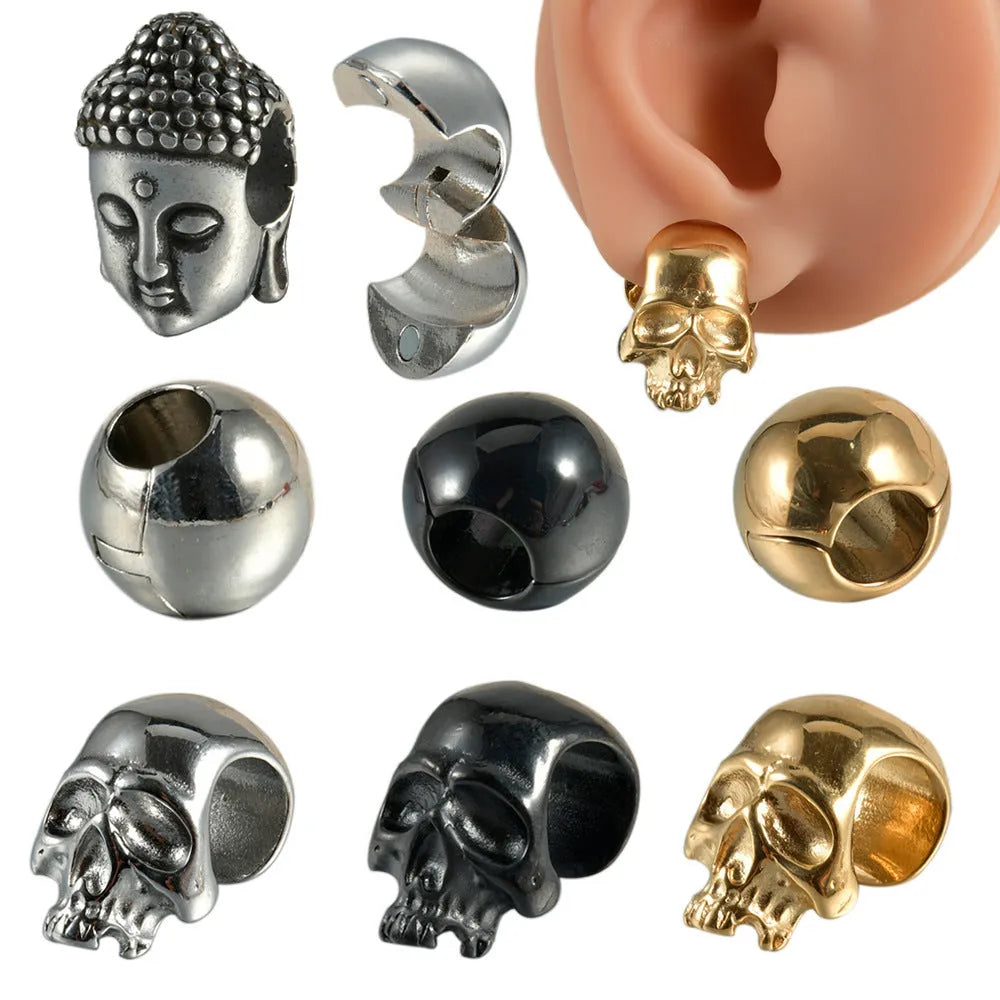 Stainless steel hollow skull Buddha earrings showing geometry shape and electroplated colour options