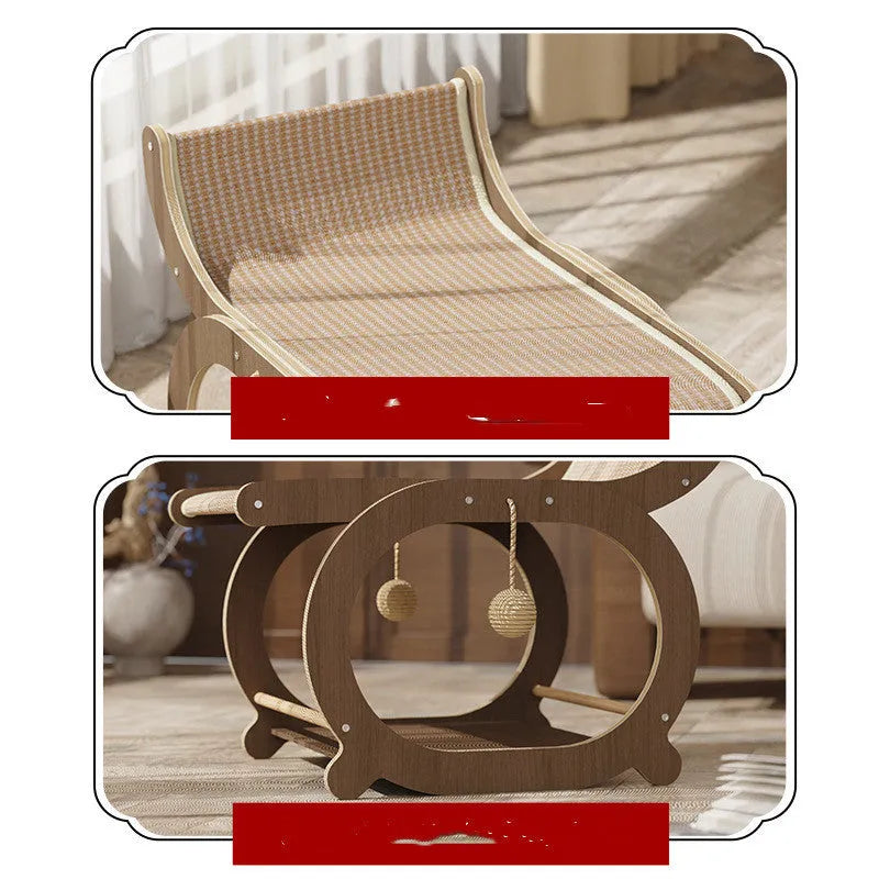 Solid wood cat scratching post bed with sisal surface in walnut colour