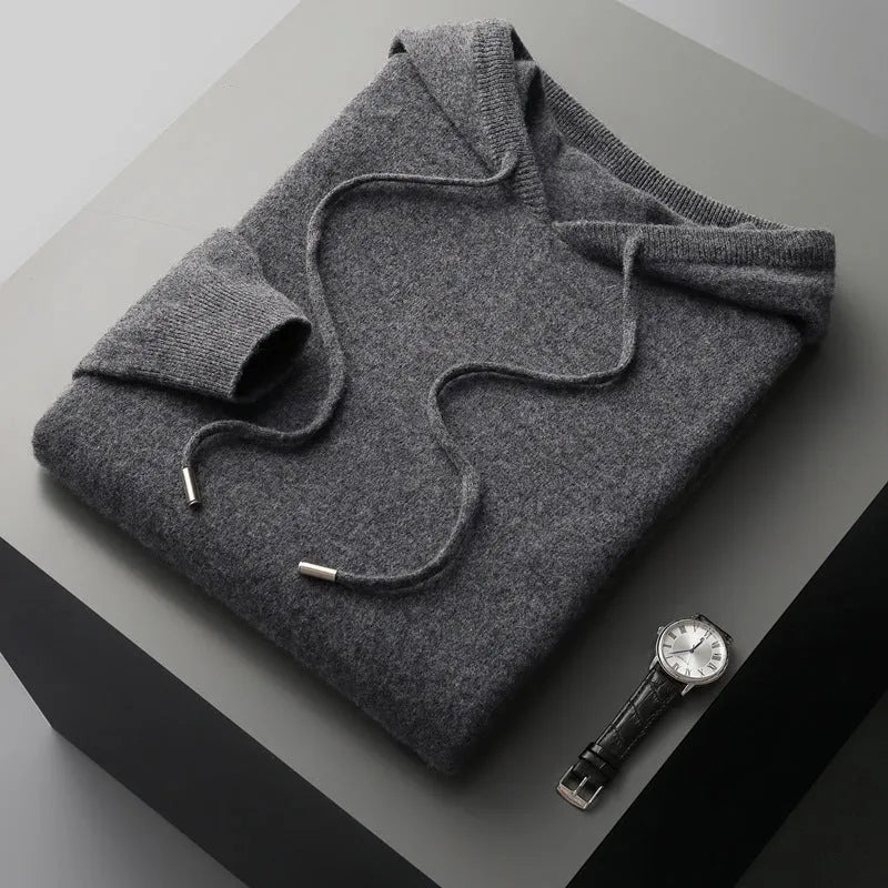 Men's casual two-piece set: seamless wool hoodie with drawstring and matching pants in black, dark gray, and light gray