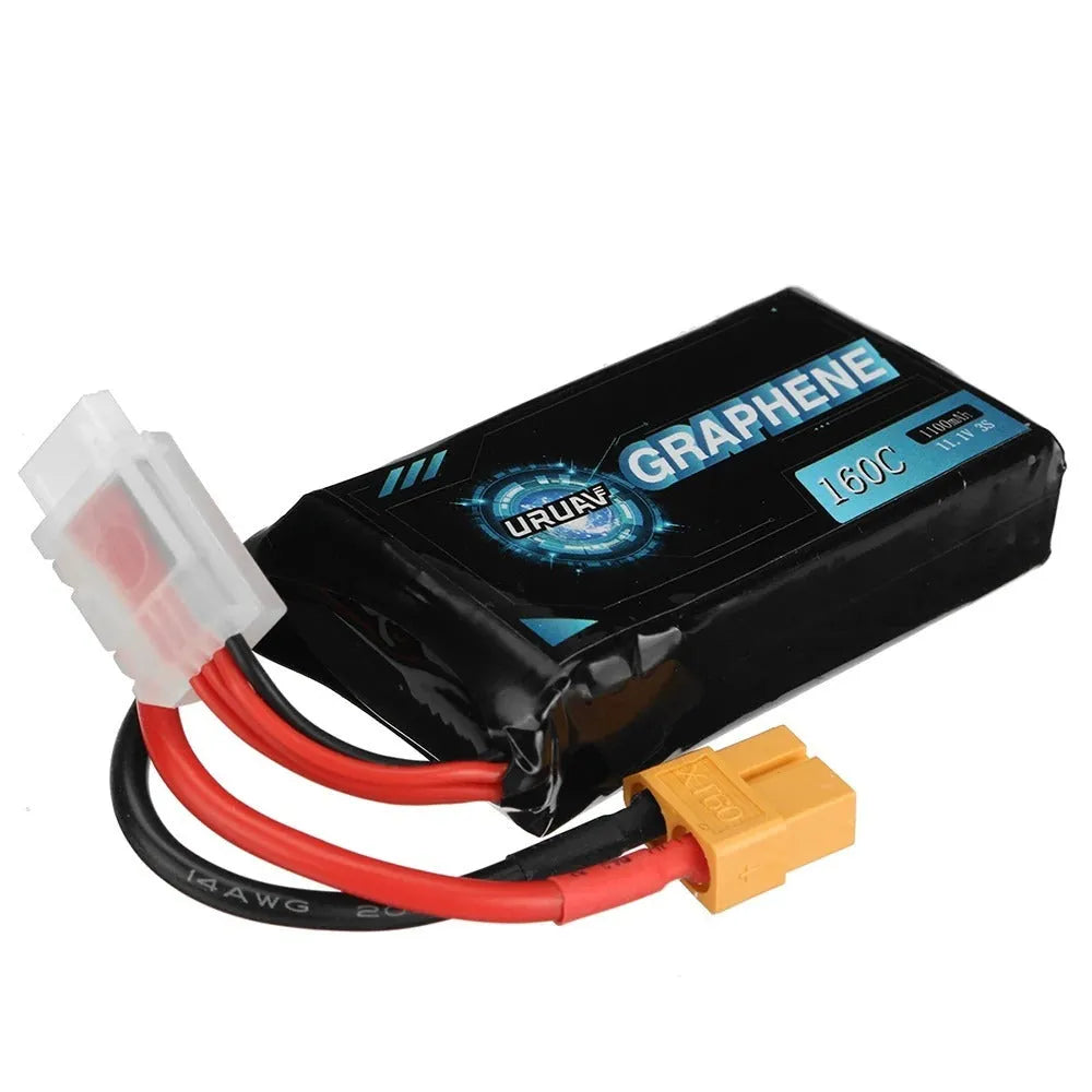 RC lithium battery showing 7.4V 1200mAh specifications with 15mm x 36mm x 70mm dimensions