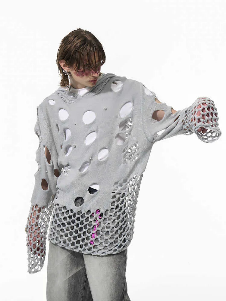 Black men's hoodie with hollow hood and pearl decoration showing loose fit