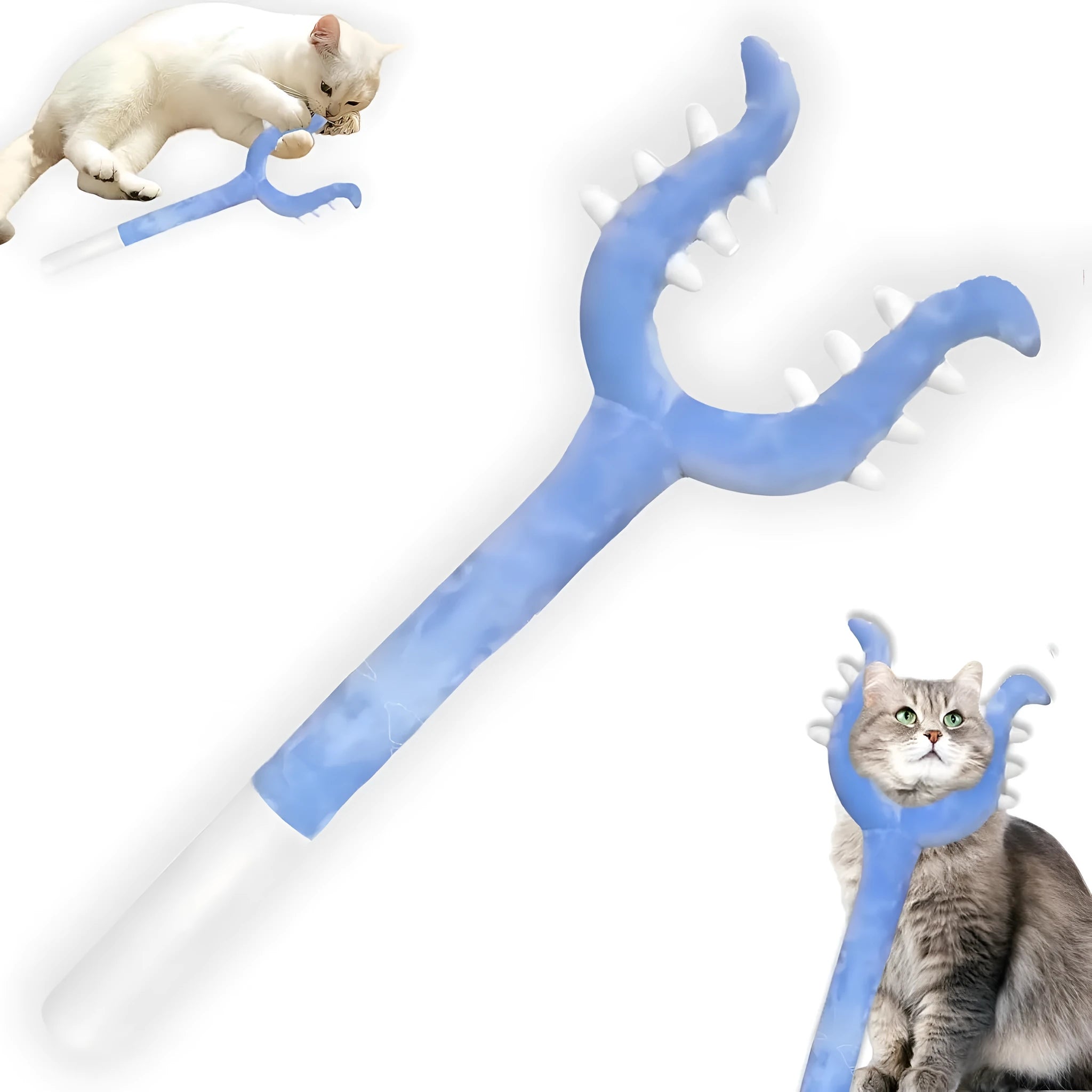 Blue plush cat wand toy extended to 70cm length with soft head for interactive pet play