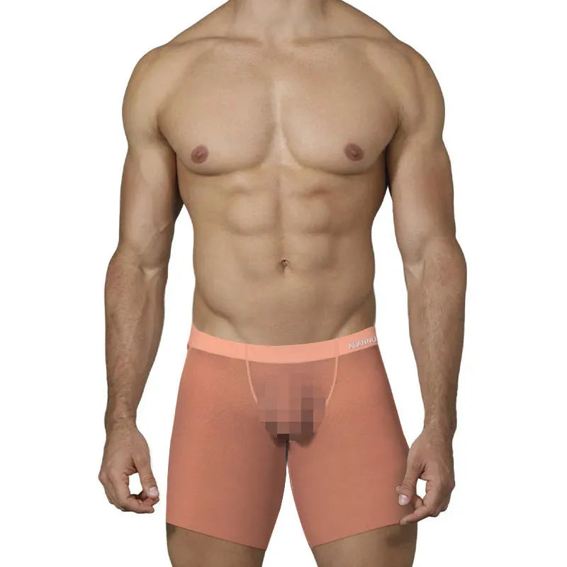Men's low waist boxer shorts in solid orange, pink, or red ice silk nylon fabric.