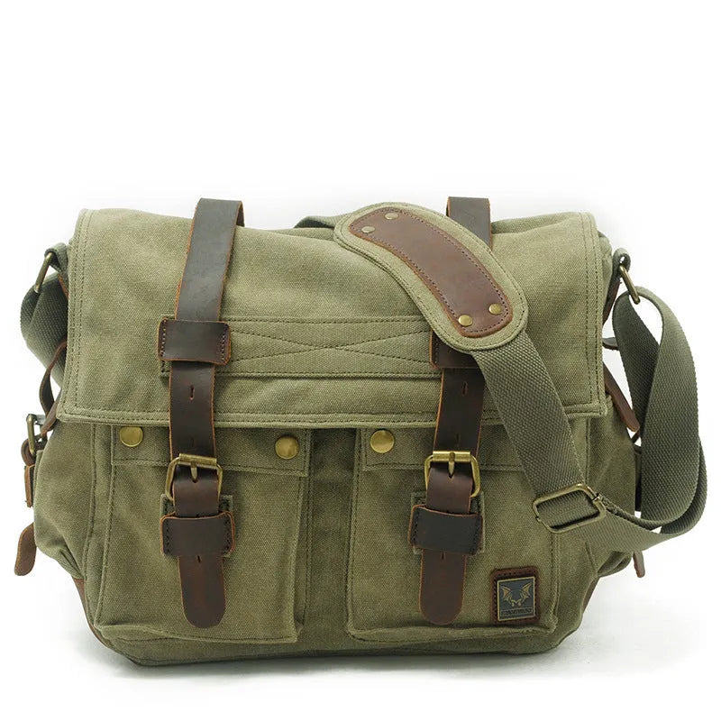 Men's army green canvas crossbody shoulder bag with a brown leather flap and single strap.
