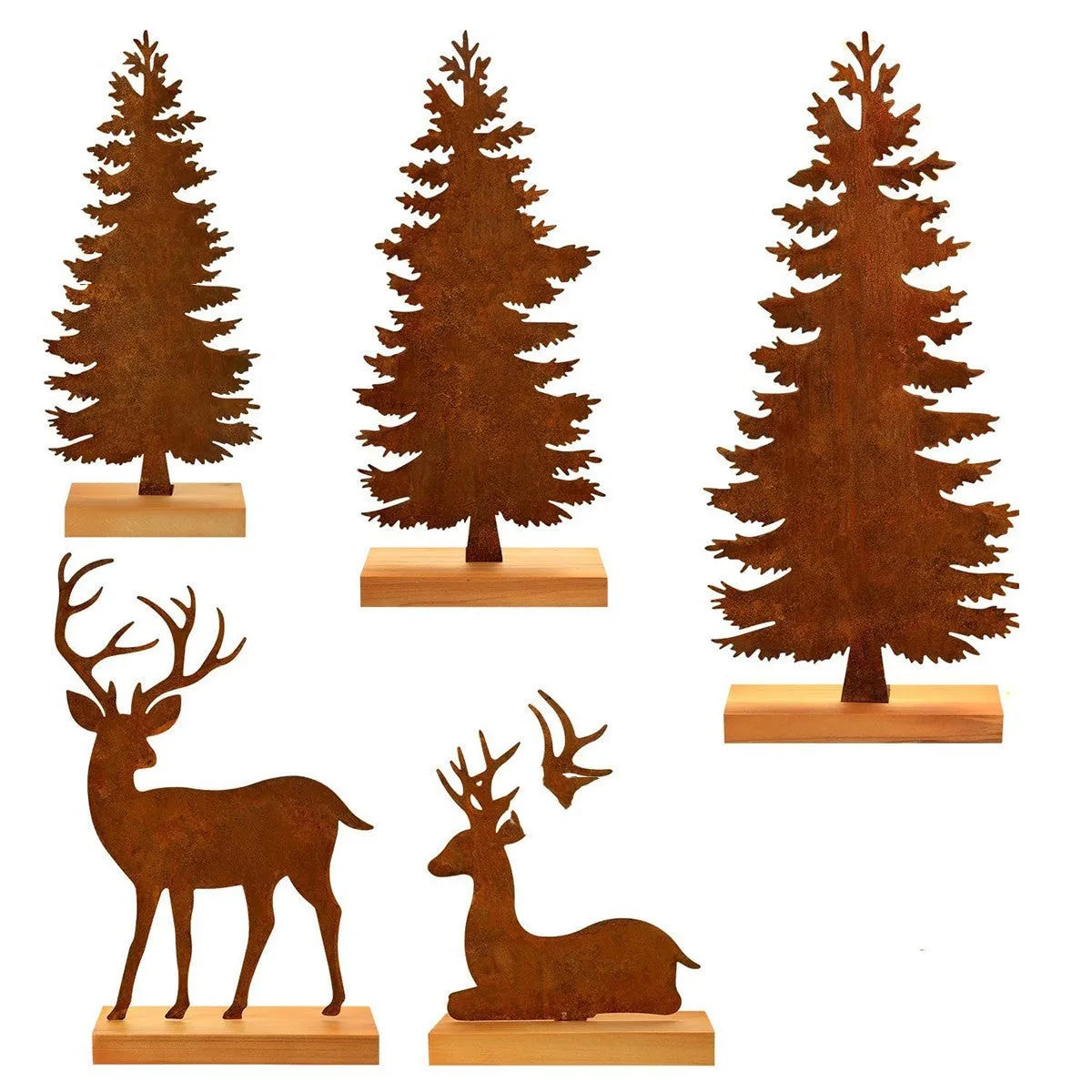 Set of three rusty metal Christmas ornaments featuring elk and tree designs.