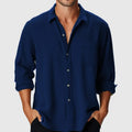 Men's pure colour beach holiday shirt with stand collar and long sleeves in loose polyester fit