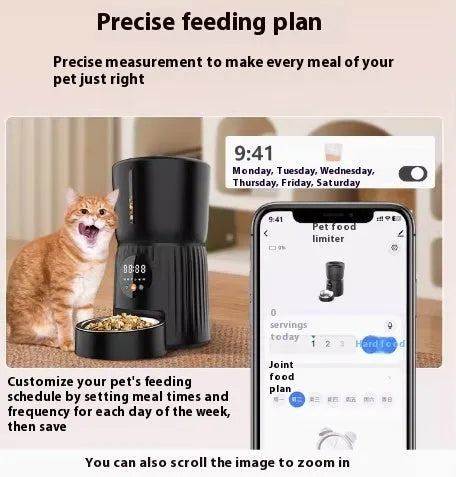 Black and white intelligent pet feeder with USB cable for automatic timing and quantitative remote feeding