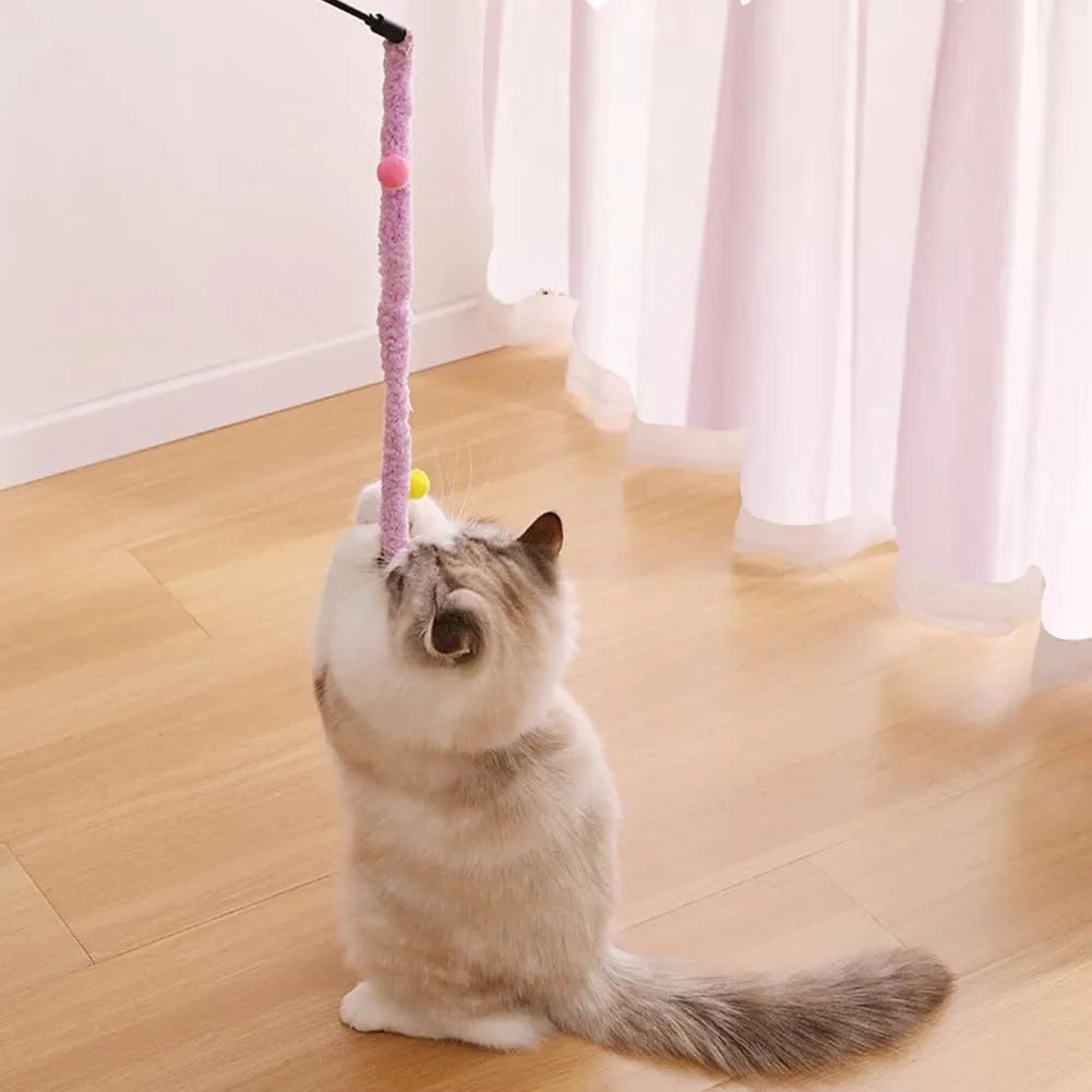 Cat wand toy with plush strip and colourful balls with bells for interactive feline play
