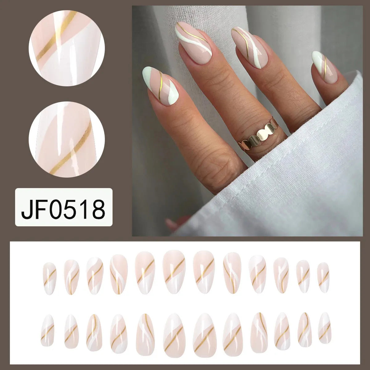Golden Lines plaid pattern wearable nail stickers in JF0518 jelly glue colour with medium drop shape