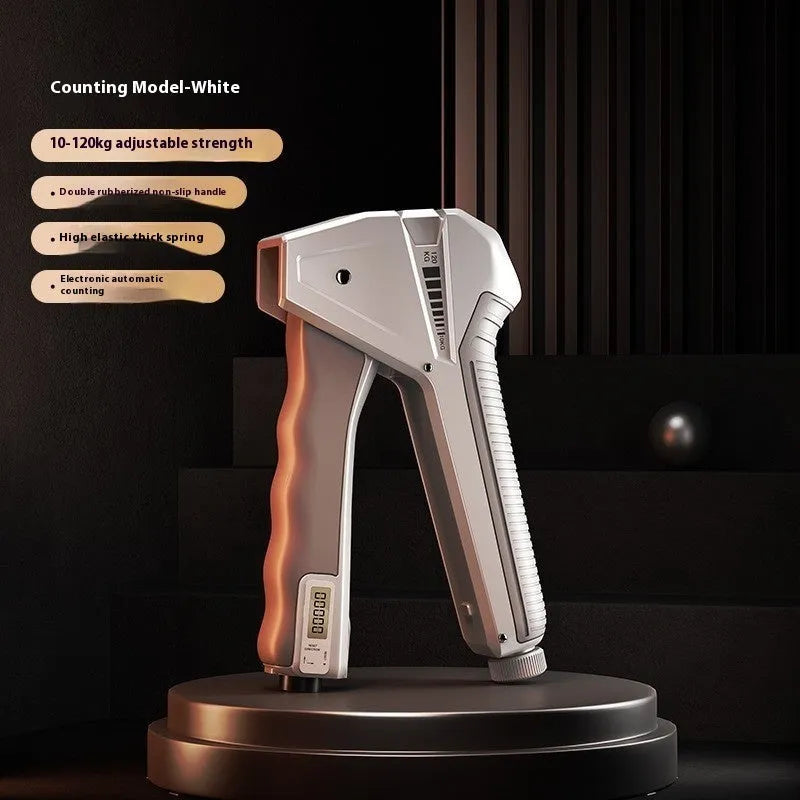 Adjustable hand gripper strength trainer with mechanical counter display, shown in orange colour.