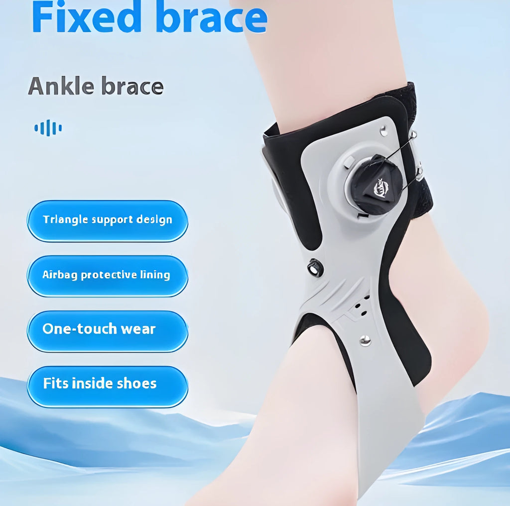 Grey ankle fixation brace with airbag button support system showing ankle protection design