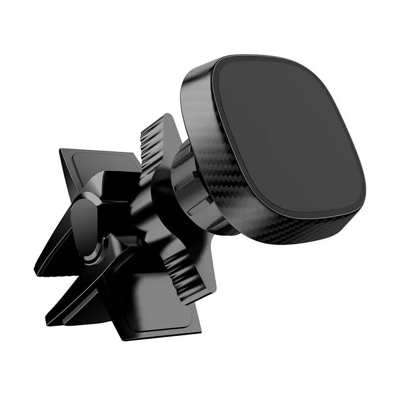 Black magnetic car phone holder attached to a car air vent, showing round and square head style options.