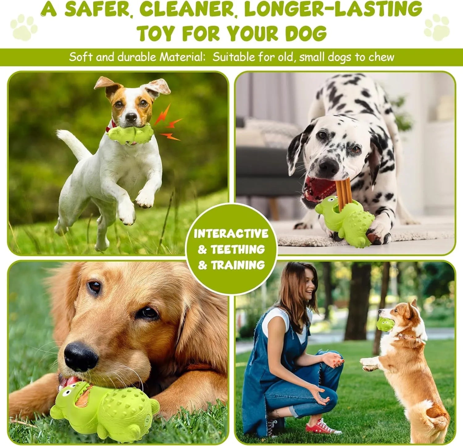 Green and yellow natural rubber squeaky dog toy for aggressive chewers on a white background