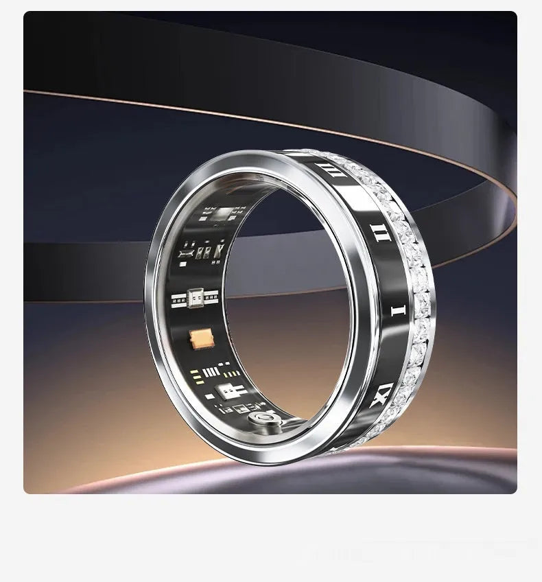 Diamond inlaid smart ring in silver and gold colours showing health monitoring technology integrated into jewellery design
