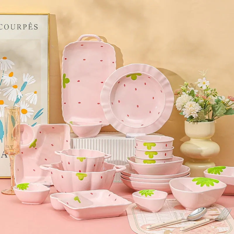 Cute strawberry themed porcelain dinnerware set with bowls, plates and spoon