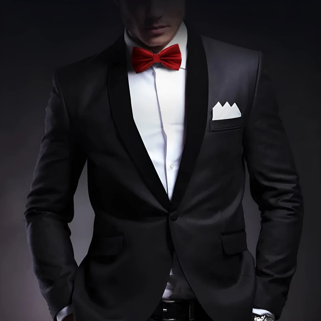 Men's flat head style polyester bow tie in a solid colour, shown with adjustable neck strap.