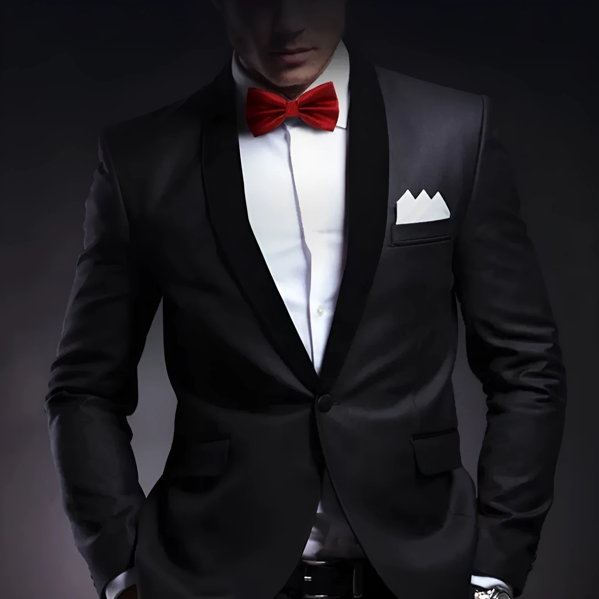 Men's flat head style polyester bow tie in a solid colour, shown with adjustable neck strap.