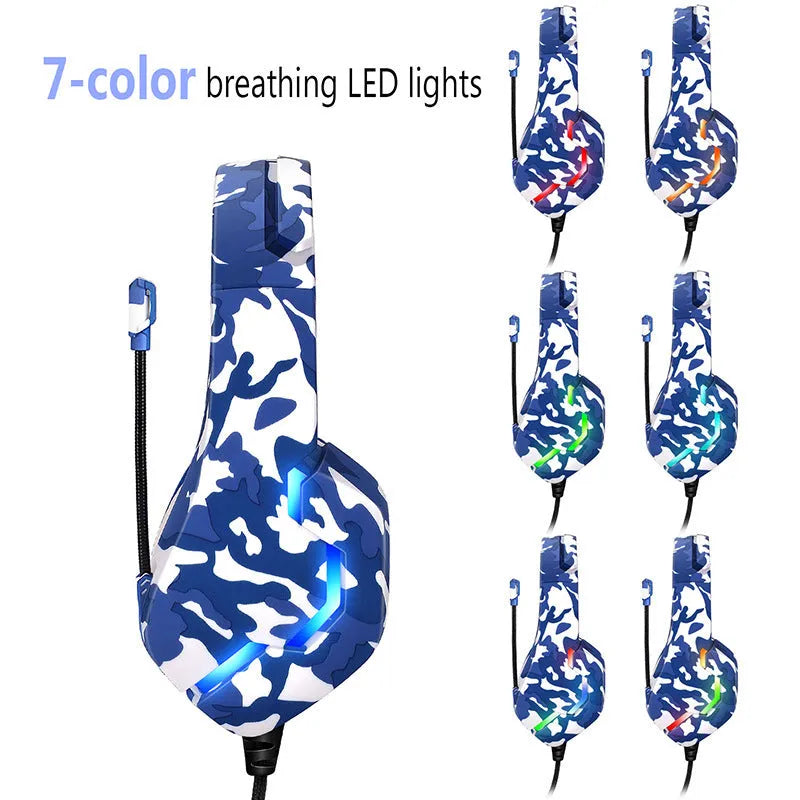 Wired gaming headset with cloth ear cushions and braided cable in camouflage design