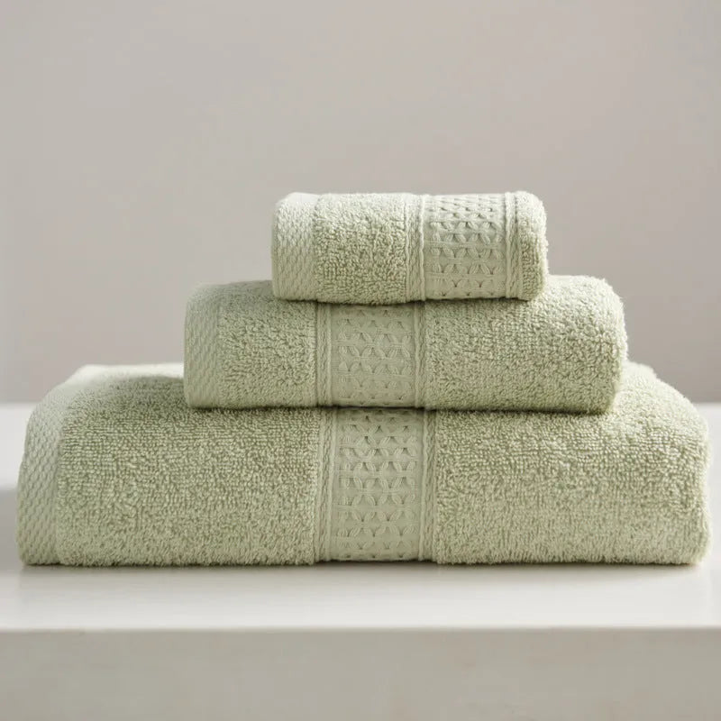 3-piece pure cotton towel set with square, hand, and bath towel in assorted colours