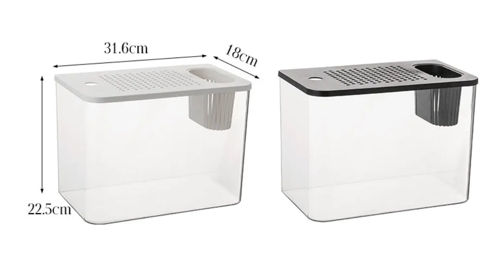 Black and white plastic betta fish tanks with lids, showing compact rectangular design.