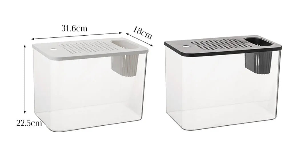 Black and white plastic betta fish tanks with lids, showing compact rectangular design.