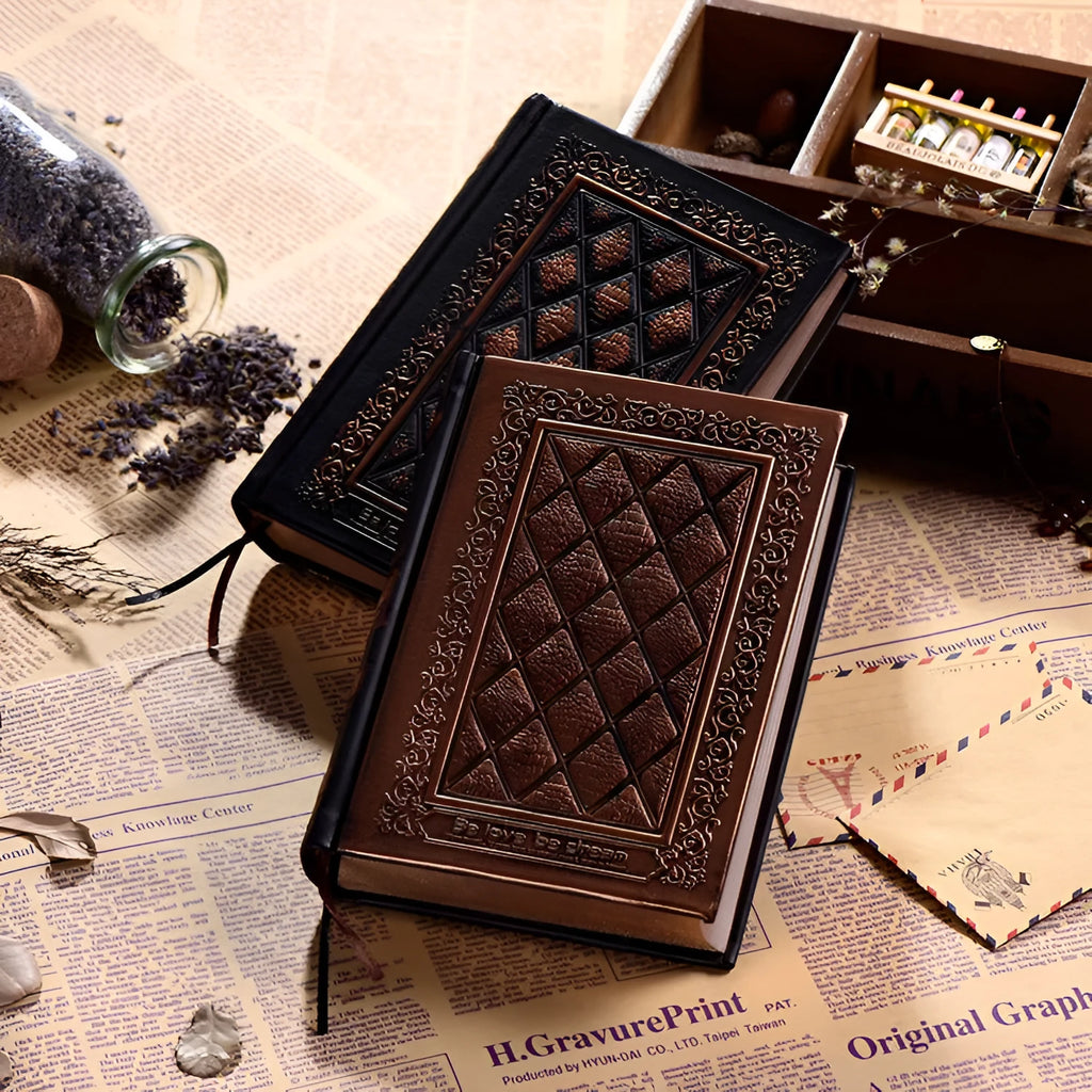 Embossed faux leather notebook with thick pages in bronze or black gold colour