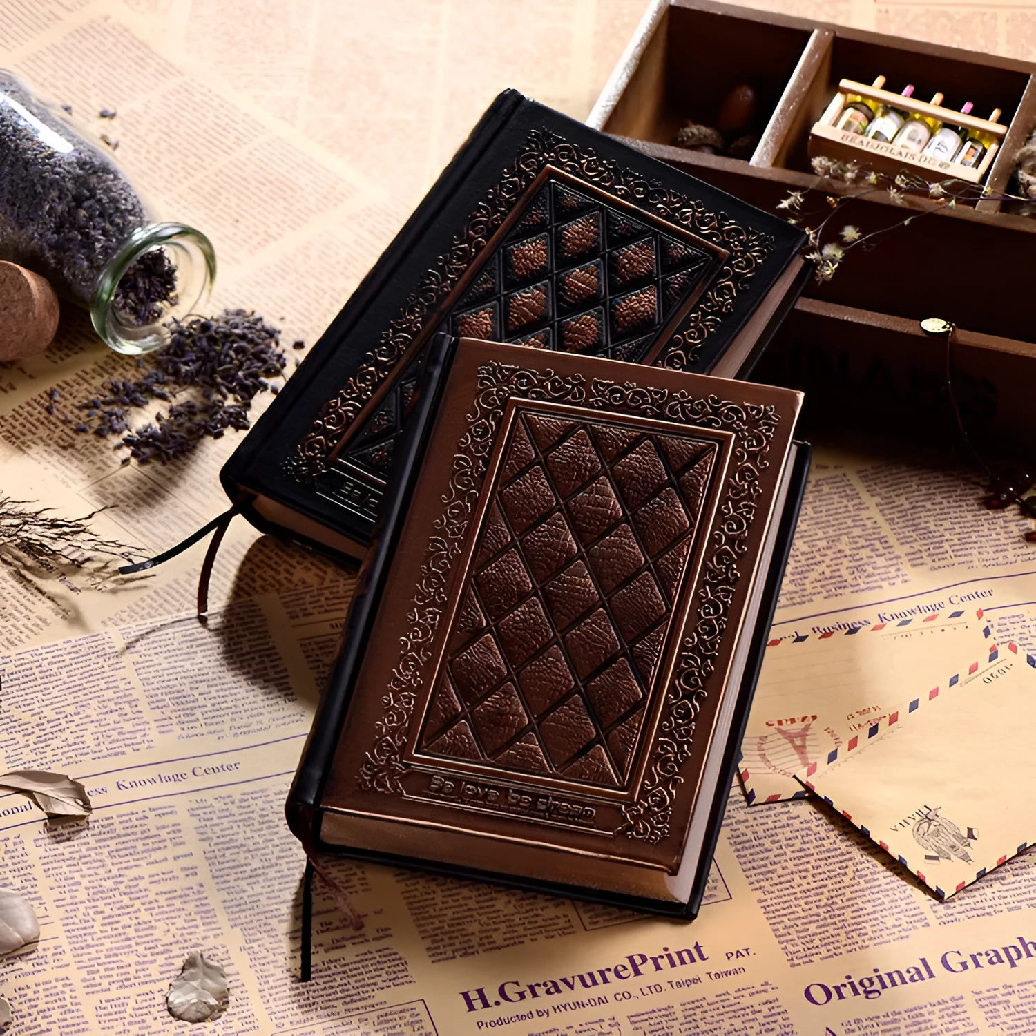 Embossed faux leather notebook with thick pages in bronze or black gold colour