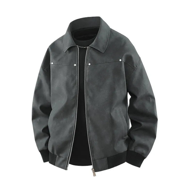 American retro brown lapel coat with loose fit, long sleeves, and lapel collar in a casual setting