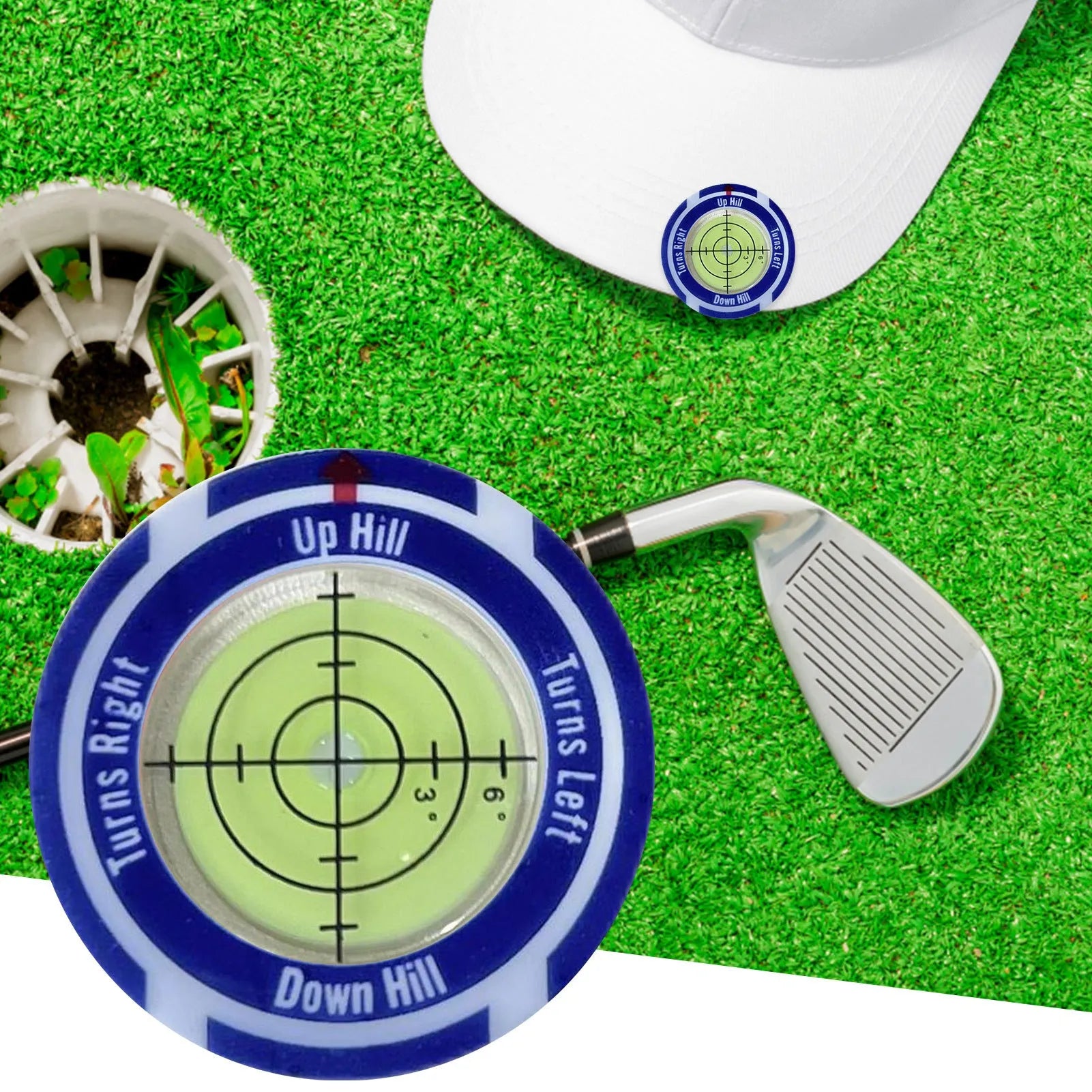 Golf level hat clip measurement device with green position markers for score tracking
