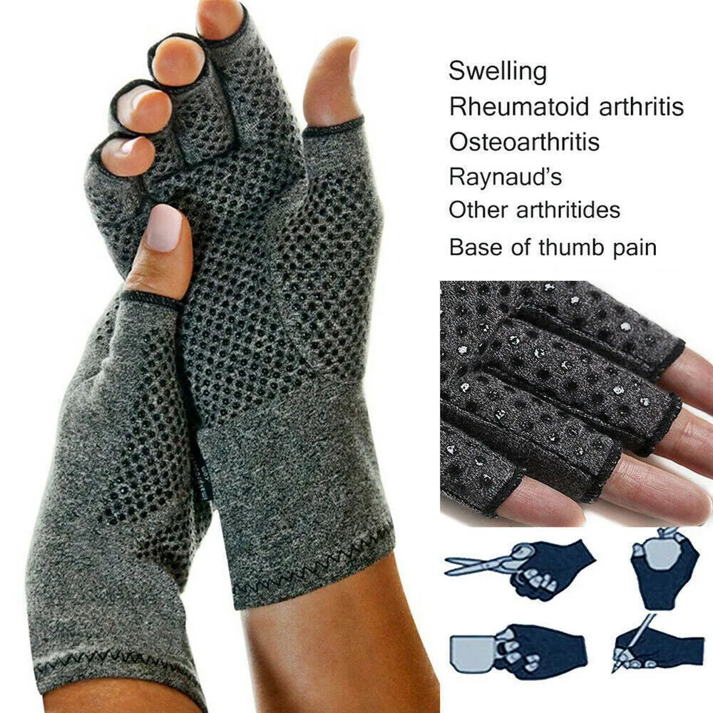 Gray half-finger joint compression gloves showing anti-slip grip details and polyester-spandex fabric texture