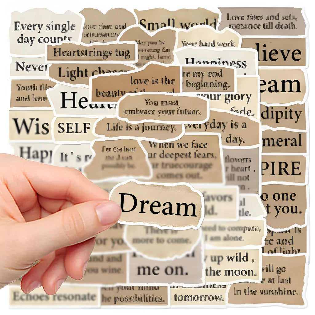 Set of 25 torn paper edge English design repositionable PVC stickers in assorted sizes.