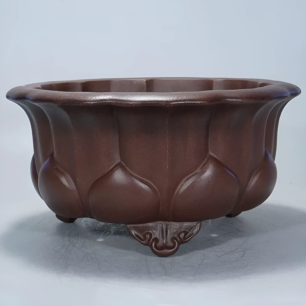Antique purple-red mud succulent bonsai pot in classical Chinese petal basin style.