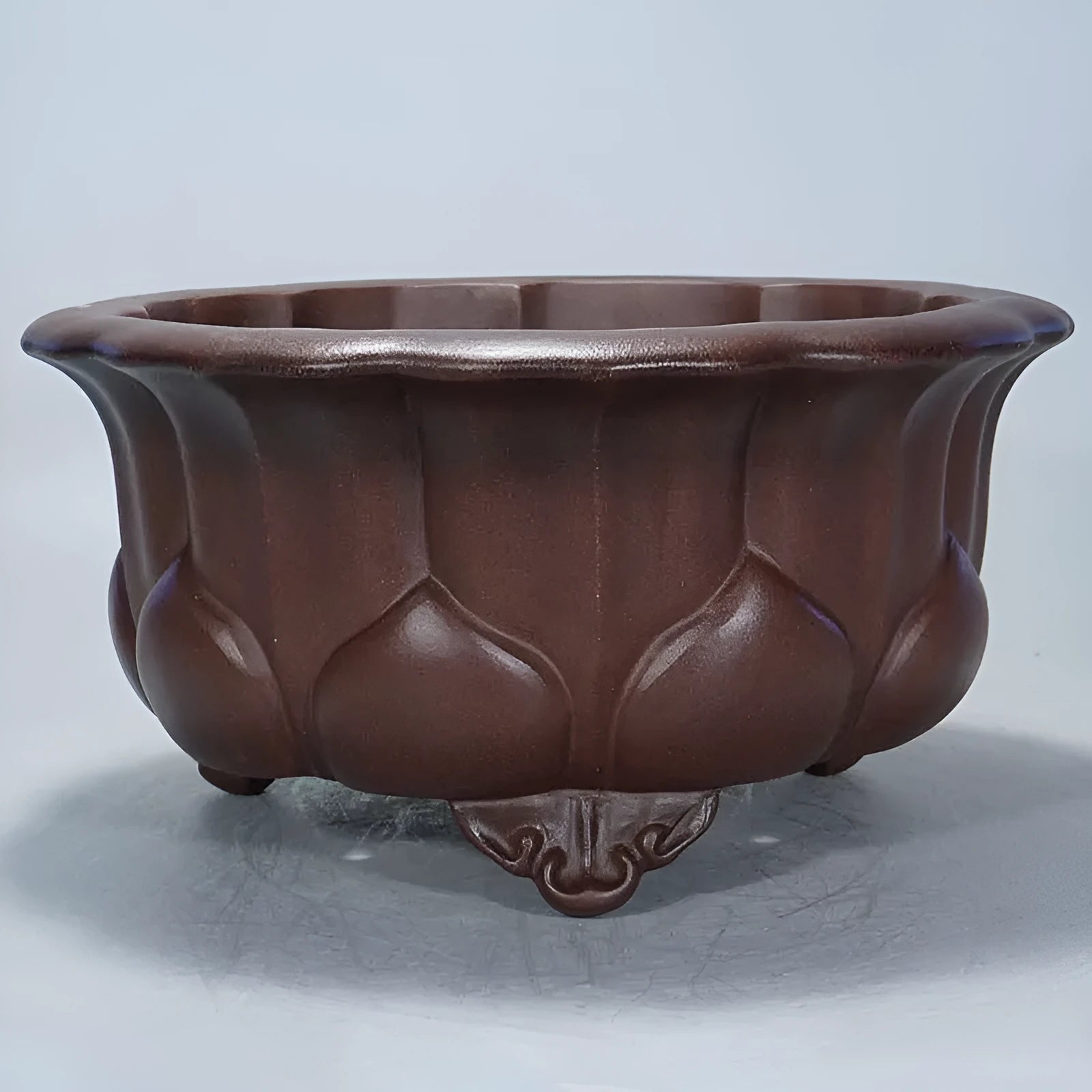 Antique purple-red mud succulent bonsai pot in classical Chinese petal basin style.