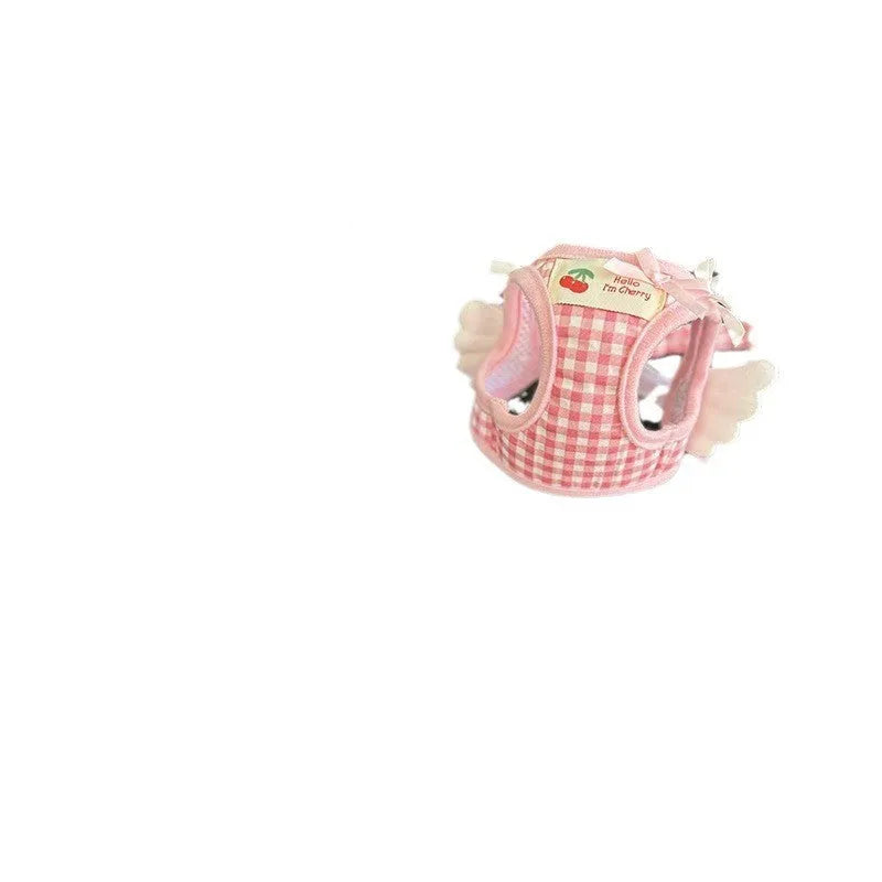 Pink and black cotton chest-back harness with integrated hand-holding rope for small dogs