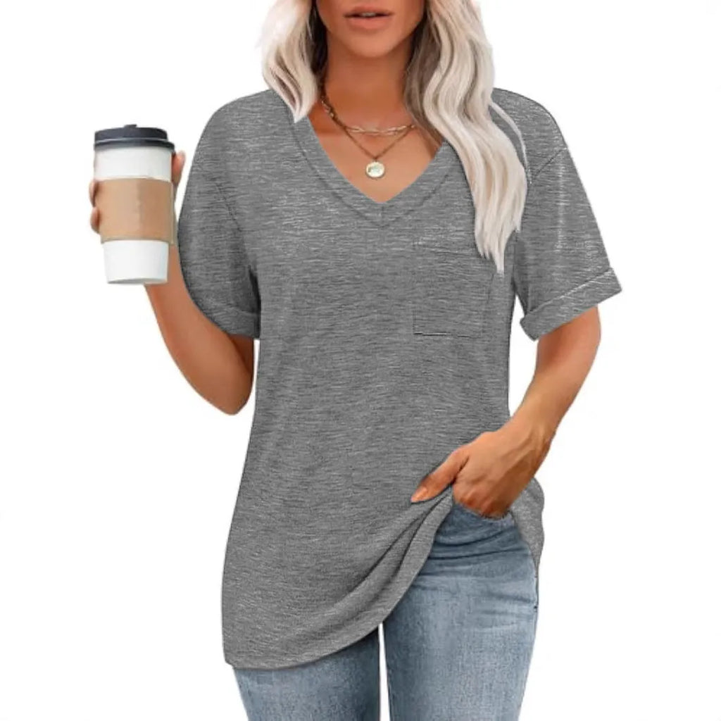 Grey loose V-neck t-shirt with chest pocket showing front view