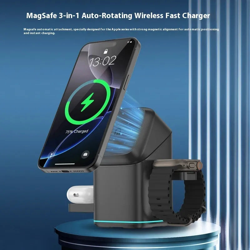 Black mobile phone magnetic wireless charging stand showing 180-degree rotation adjustment with Type-C cable