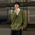 Men's solid colour V-neck knit cardigan in a loose fit, shown in army green.